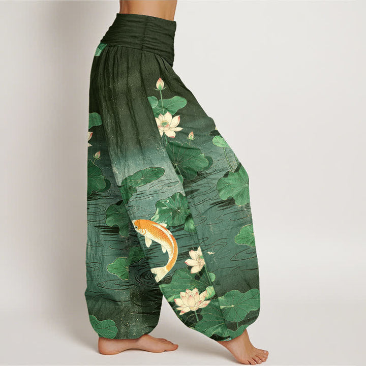 Buddha Stones Dames harembroek met elastische Taille en bloeiend lotus- en koi-patroon van katoen - image 6