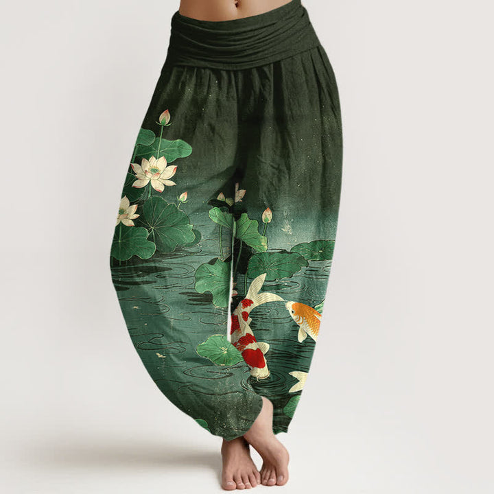 Buddha Stones Dames harembroek met elastische Taille en bloeiend lotus- en koi-patroon van katoen - Donkergroen - US16, UK/AU20, EU48 (3XL) - image 5