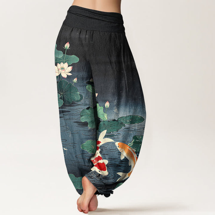 Buddha Stones Dames harembroek met elastische Taille en bloeiend lotus- en koi-patroon van katoen - image 10