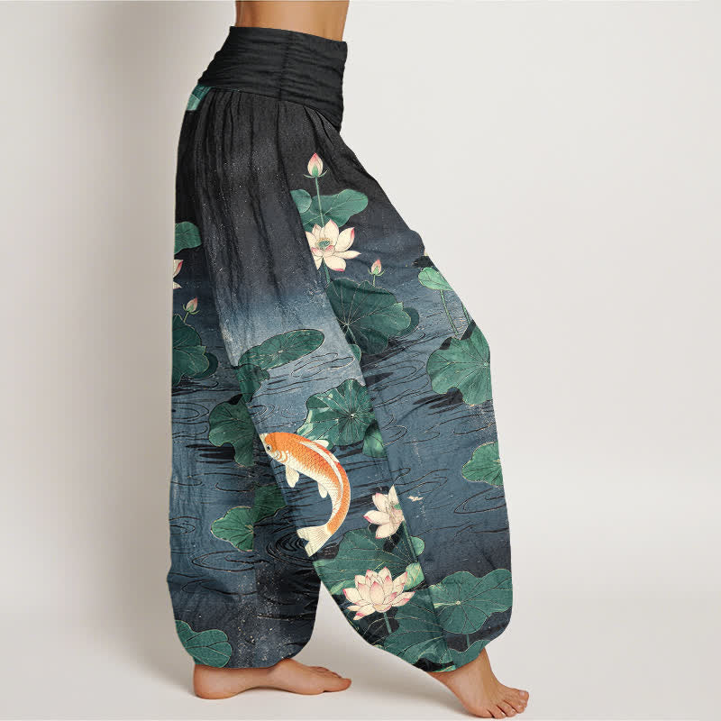 Buddha Stones Dames harembroek met elastische Taille en bloeiend lotus- en koi-patroon van katoen - image 9