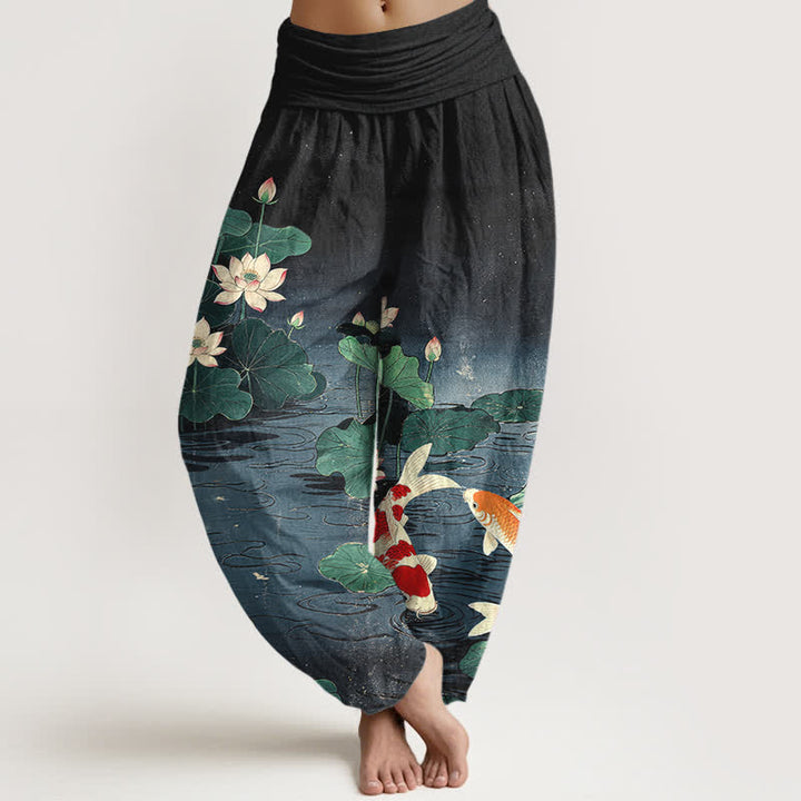 Buddha Stones Dames harembroek met elastische Taille en bloeiend lotus- en koi-patroon van katoen - Zwart - US16, UK/AU20, EU48 (3XL) - image 8