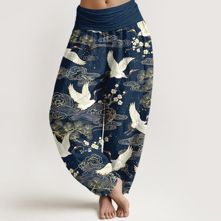 Buddha Stones Dames harembroek met elastische Taille en oosterse kraanvogelprint - Marine - US16, UK/AU20, EU48 (3XL) - image 0