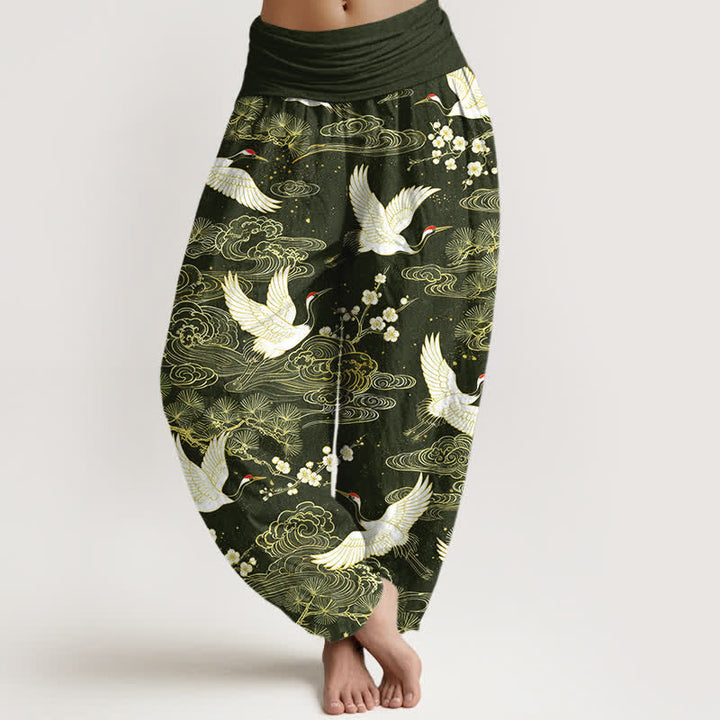 Buddha Stones Dames harembroek met elastische Taille en oosterse kraanvogelprint - Donker olijfgroen - US16, UK/AU20, EU48 (3XL) - image 5