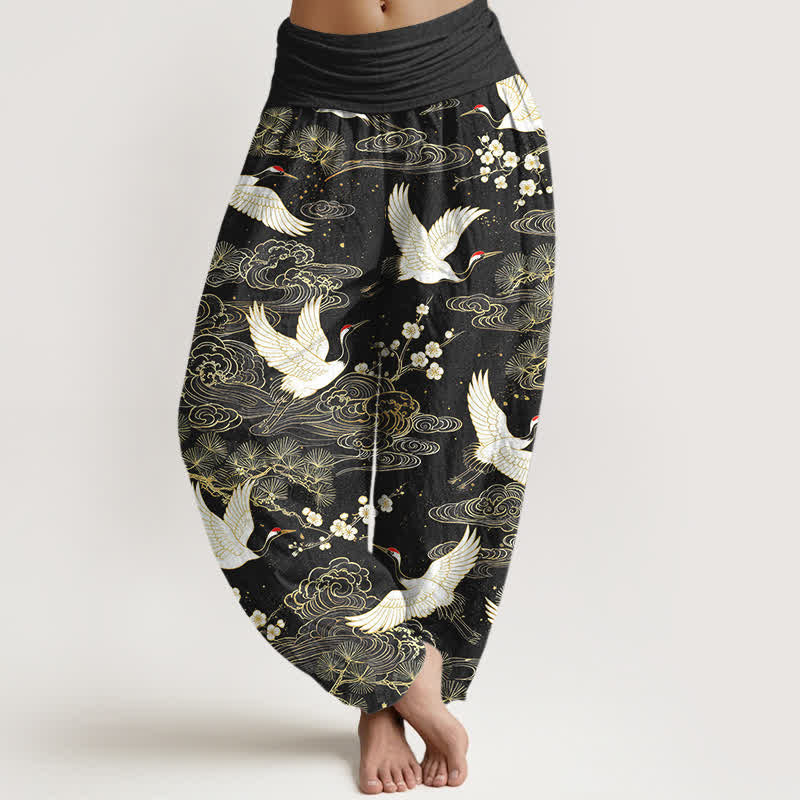 Buddha Stones Dames harembroek met elastische Taille en oosterse kraanvogelprint - Zwart - US16, UK/AU20, EU48 (3XL) - image 8