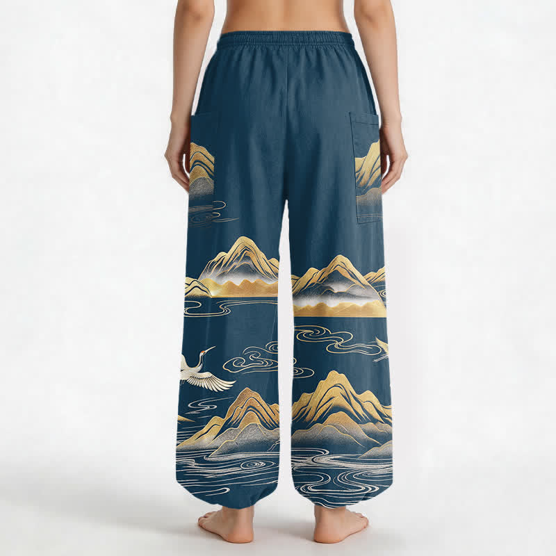 Buddha Stones Dames harembroek met elastische Taille en Zakken , met katoenen print van een sereen landschap en kraanvogels. - image 9