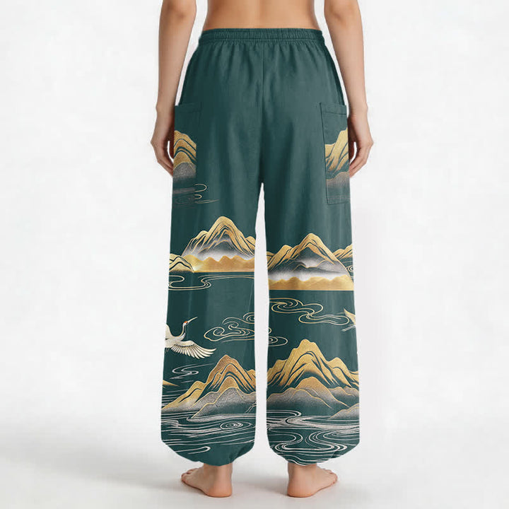 Buddha Stones Dames harembroek met elastische Taille en Zakken , met katoenen print van een sereen landschap en kraanvogels. - image 12