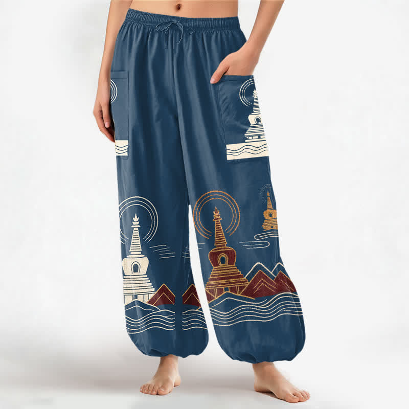 Buddha Stones Vintage katoenen harembroek met pagodemotief, elastische Taille en Zakken , geschikt voor dames. - Staalblauw - US16, UK/AU20, EU48 (3XL) - image 0