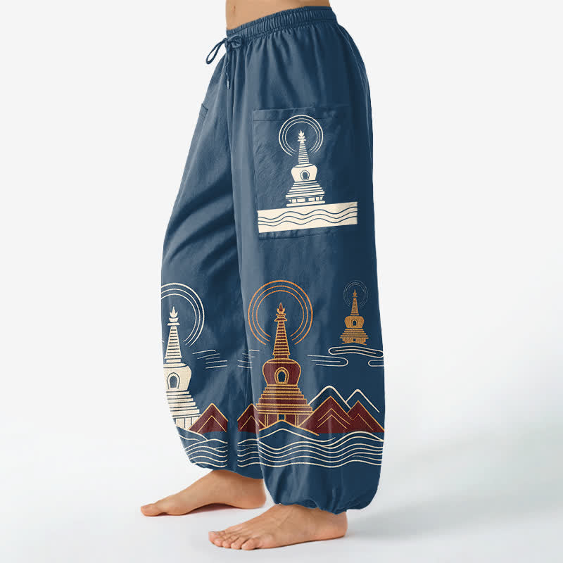 Buddha Stones Vintage katoenen harembroek met pagodemotief, elastische Taille en Zakken , geschikt voor dames. - image 1
