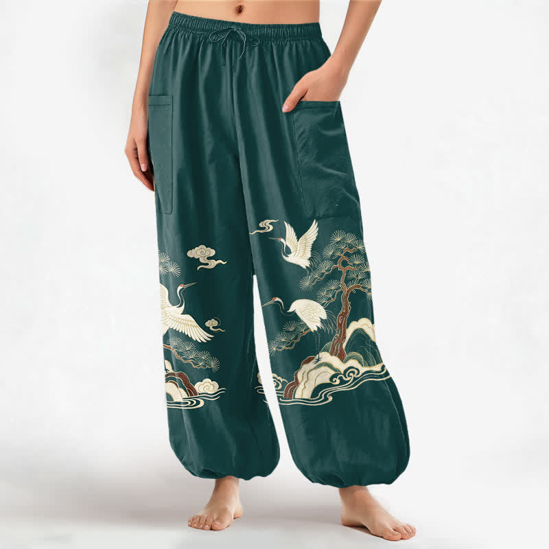 Buddha Stones Dames harembroek met elastische Taille en Zakken , met een patroon van katoenen oosterse kraanvogels en dennenbomen. - Turkoois - US16, UK/AU20, EU48 (3XL) - image 0