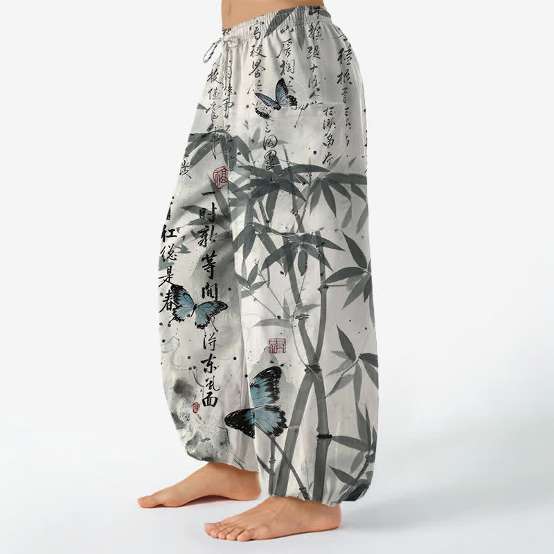 Buddha Stones Dames harembroek met elastische Taille en Zakken , bedrukt met katoenen inkt en bamboe vlinders. - image 1