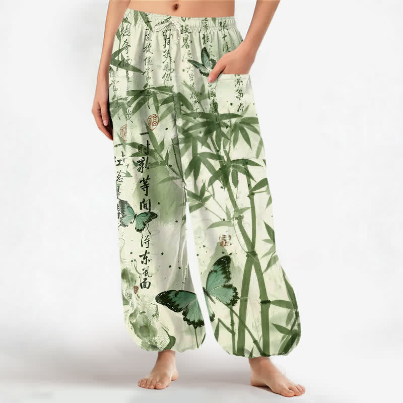 Buddha Stones Dames harembroek met elastische Taille en Zakken , bedrukt met katoenen inkt en bamboe vlinders. - Honingmeloen - US16, UK/AU20, EU48 (3XL) - image 7