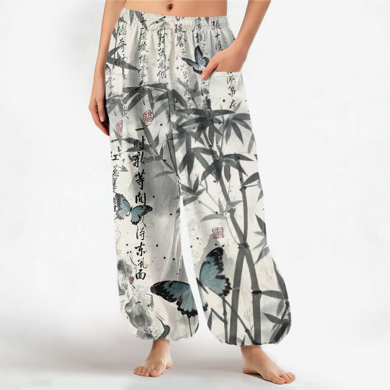 Buddha Stones Dames harembroek met elastische Taille en Zakken , bedrukt met katoenen inkt en bamboe vlinders. - Lichtgrijs - US16, UK/AU20, EU48 (3XL) - image 0