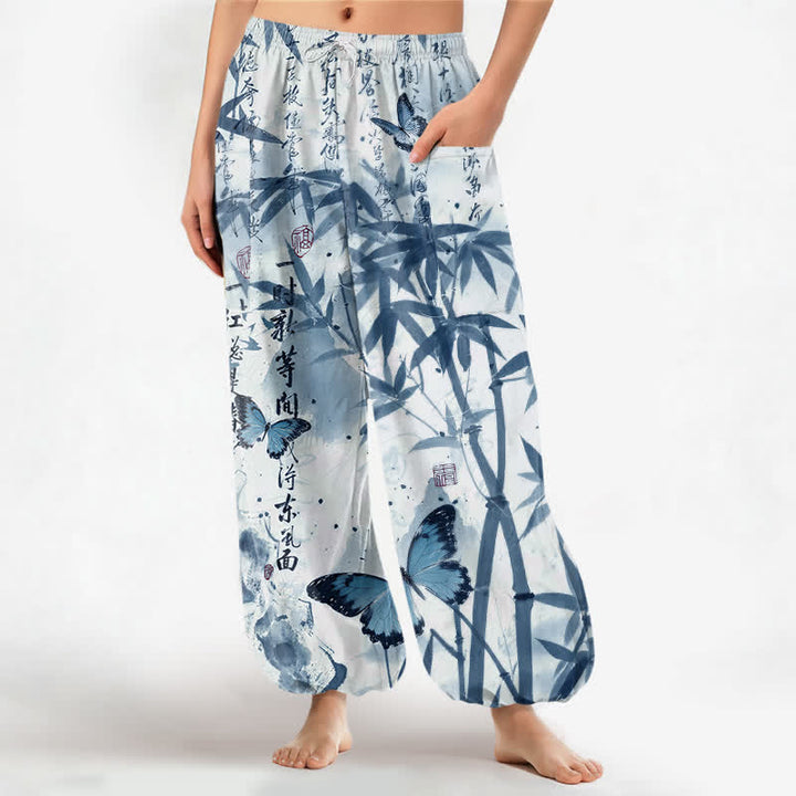 Buddha Stones Dames harembroek met elastische Taille en Zakken , bedrukt met katoenen inkt en bamboe vlinders. - Lichtcyaan - US16, UK/AU20, EU48 (3XL) - image 10