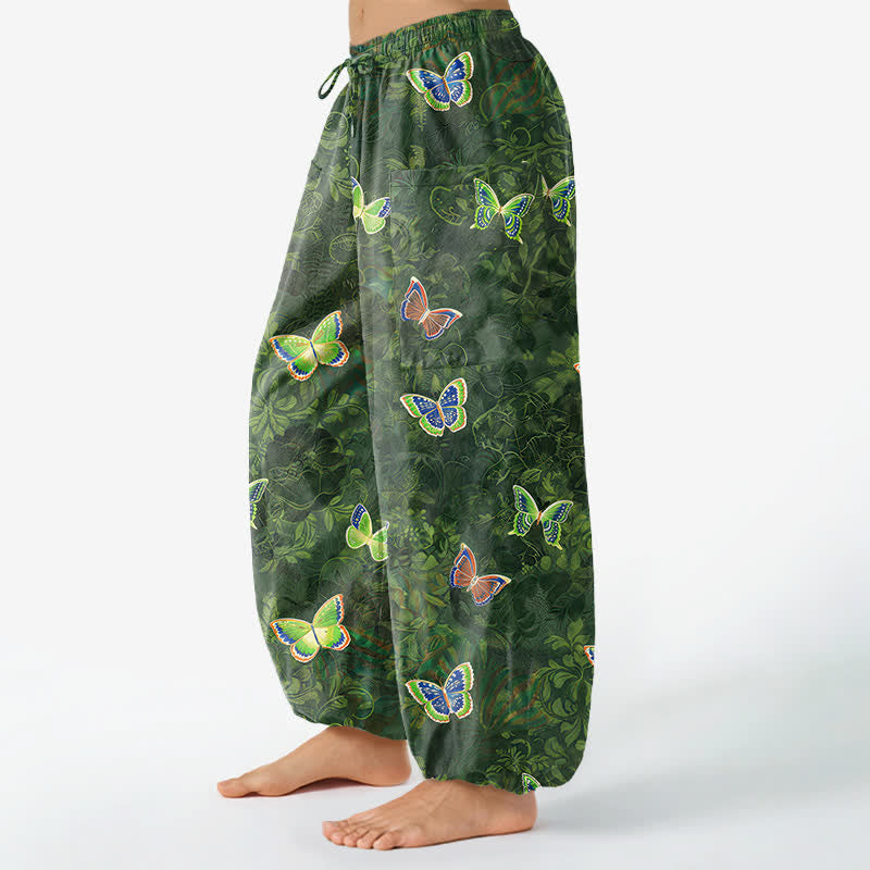Buddha Stones Dames harembroek met elastische Taille en Zakken , geïnspireerd op de natuur met een vlinder- en bladerenpatroon. - image 1