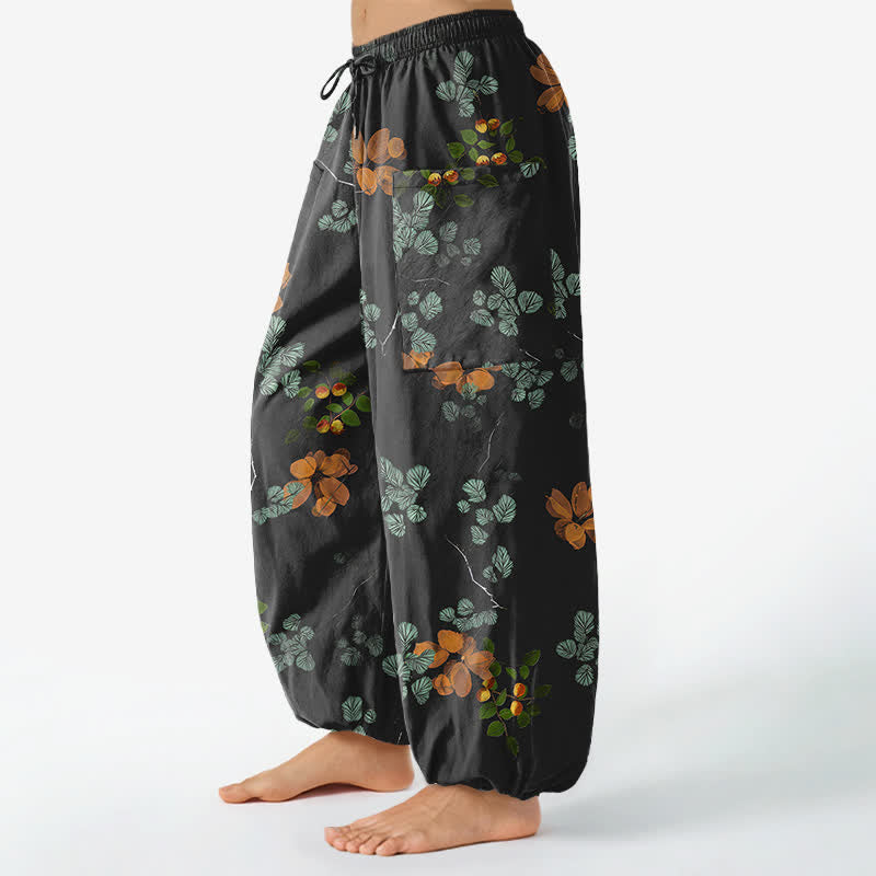 Buddha Stones Dames harembroek met elastische Taille en Zakken , gemaakt van katoen met een bohemian botanisch bloemenpatroon. - image 1