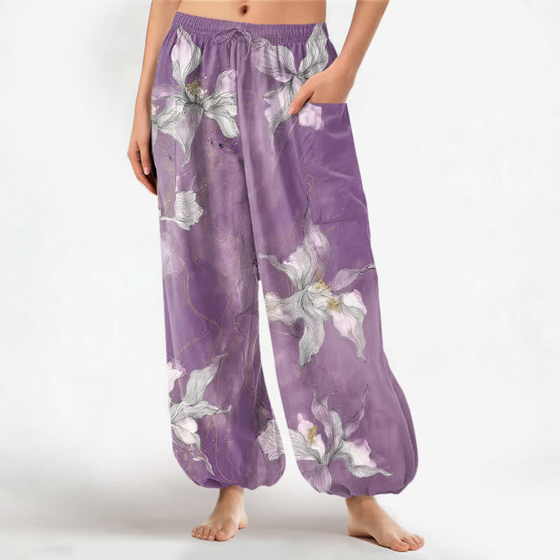 Buddha Stones Vintage katoenen witte harembroek met bloemenprint, elastische Taille en Zakken voor dames. - Middelgrote orchidee - US16, UK/AU20, EU48 (3XL) - image 0