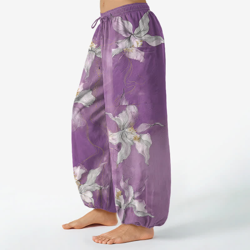 Buddha Stones Vintage katoenen witte harembroek met bloemenprint, elastische Taille en Zakken voor dames. - image 1