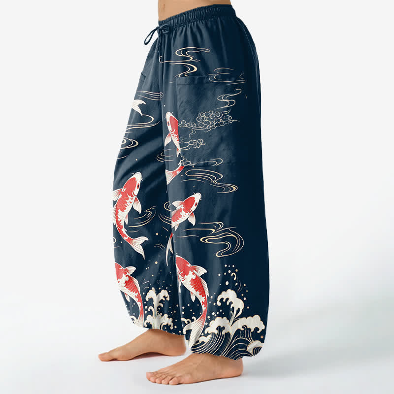 Buddha Stones Dames harembroek met elastische Taille en Zakken , met katoenen oceaan- en koi-patroon. - image 1