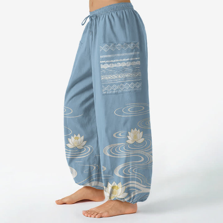 Buddha Stones Dames harembroek met elastische Taille en Zakken , gemaakt van katoen met een lotus-rimpelpatroon. - image 1