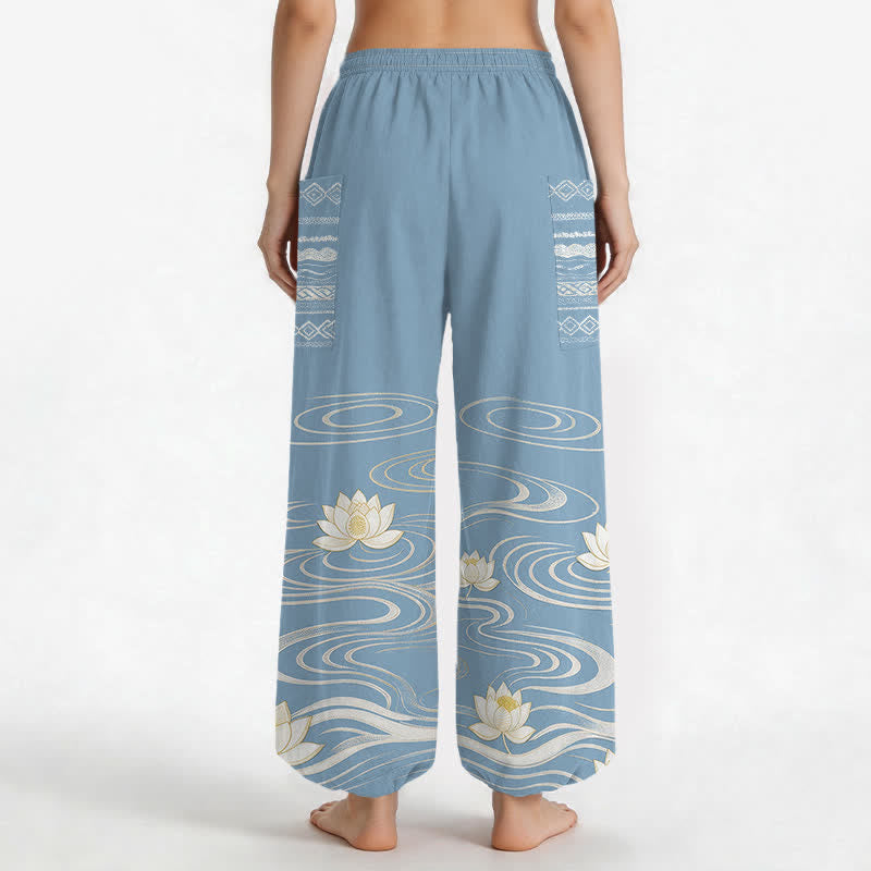 Buddha Stones Dames harembroek met elastische Taille en Zakken , gemaakt van katoen met een lotus-rimpelpatroon. - image 2