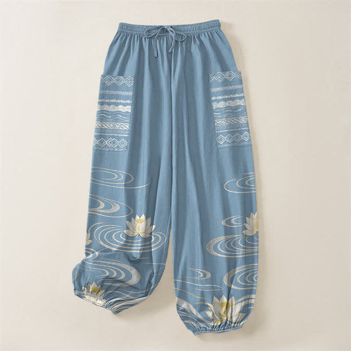 Buddha Stones Dames harembroek met elastische Taille en Zakken , gemaakt van katoen met een lotus-rimpelpatroon. - image 3