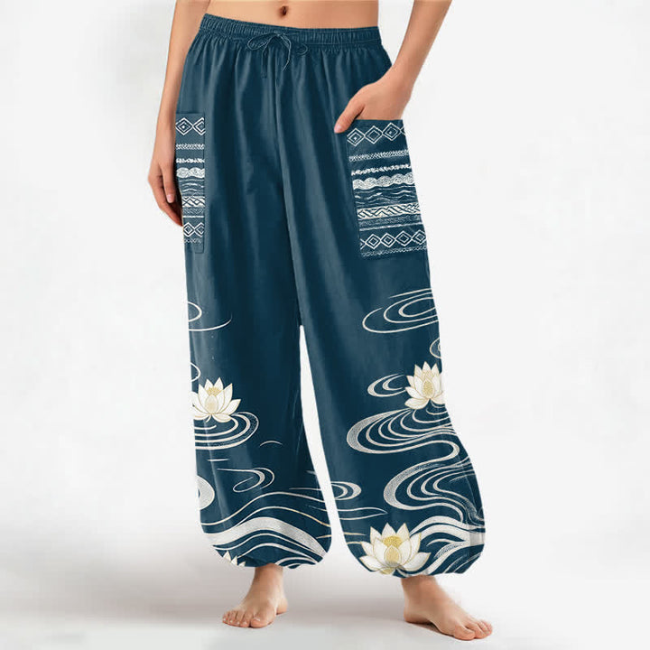 Buddha Stones Dames harembroek met elastische Taille en Zakken , gemaakt van katoen met een lotus-rimpelpatroon. - Turkoois - US16, UK/AU20, EU48 (3XL) - image 10