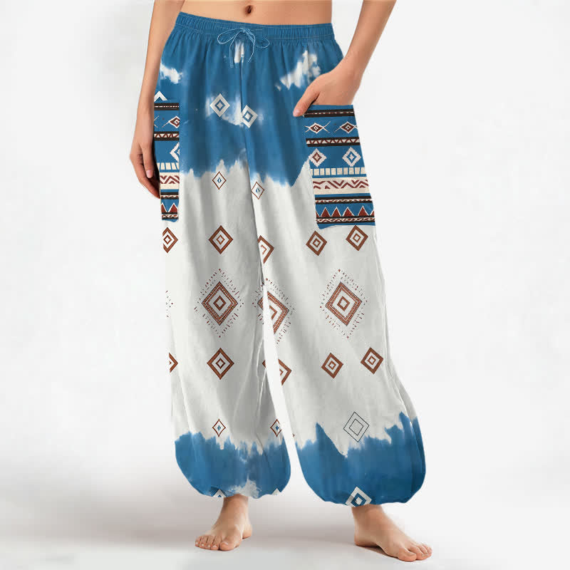 Buddha Stones Dames harembroek met elastische Taille en Zakken , gemaakt van katoen met een bohemian geometrisch ruitpatroon. - DodgerBlue - US16, UK/AU20, EU48 (3XL) - image 0