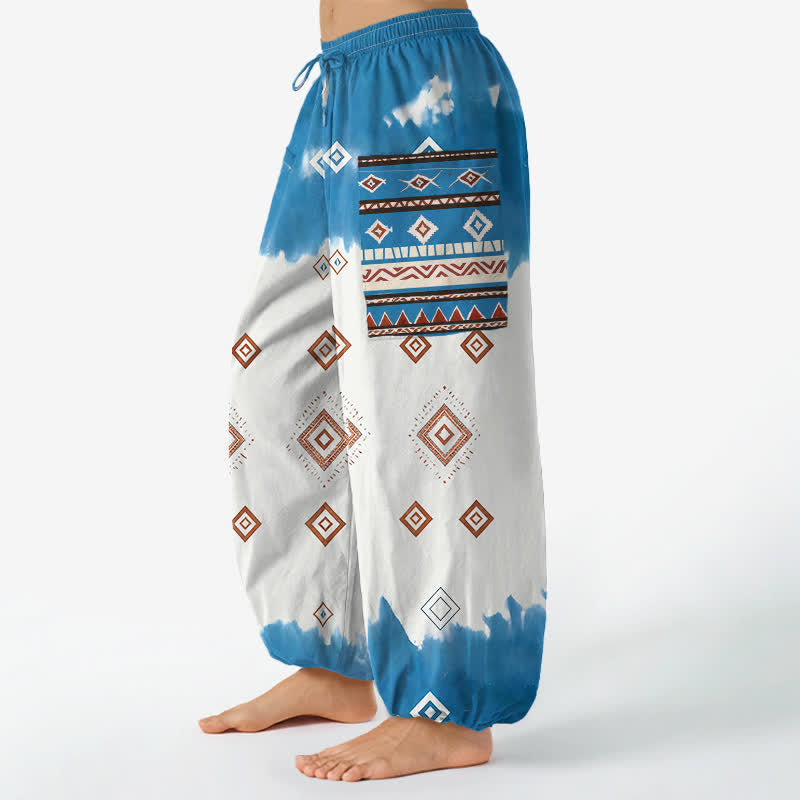 Buddha Stones Dames harembroek met elastische Taille en Zakken , gemaakt van katoen met een bohemian geometrisch ruitpatroon. - image 1
