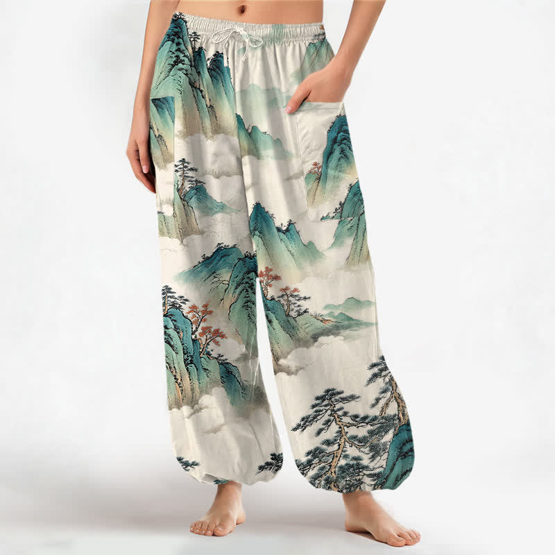 Buddha Stones Dames harembroek met elastische Taille en Zakken , met patroon van katoenen dennenbomen en berglandschap. - Linnen - US16, UK/AU20, EU48 (3XL) - image 0