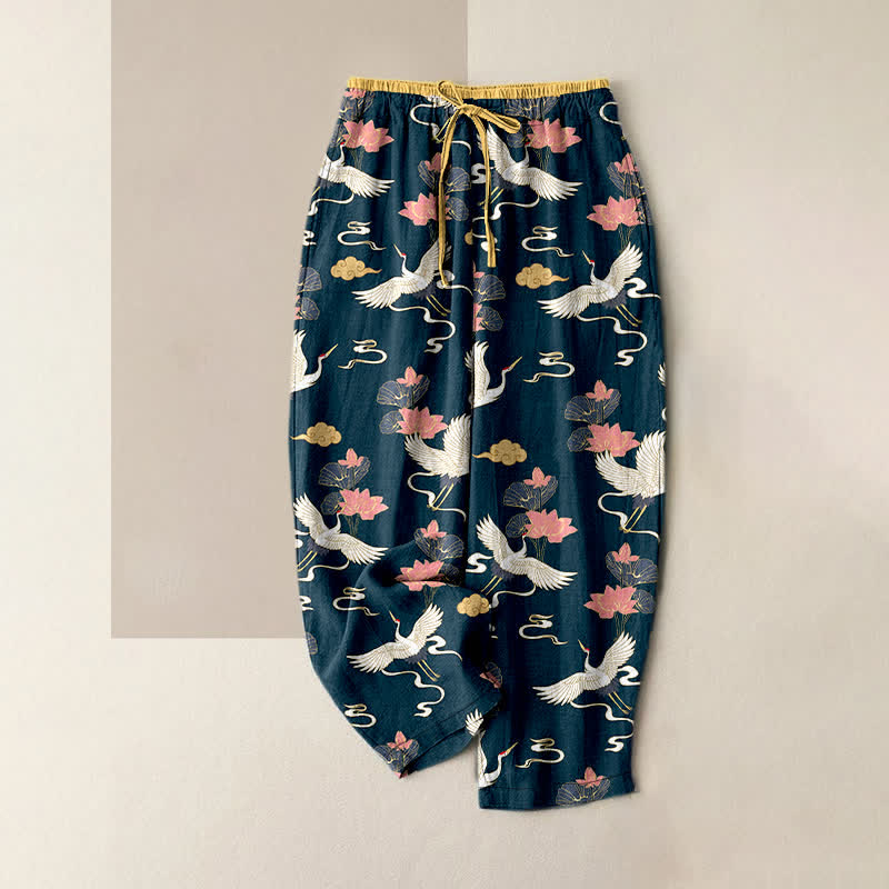 Buddha Stones Vintage 100% Cotton damesbroek met elastische Taille en Zakken , met lotus- en kraanvogelpatroon. - Donker leigrijs - US16, UK/AU20, EU48 (3XL) - image 0