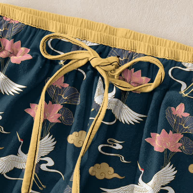 Buddha Stones Vintage 100% Cotton damesbroek met elastische Taille en Zakken , met lotus- en kraanvogelpatroon. - image 1