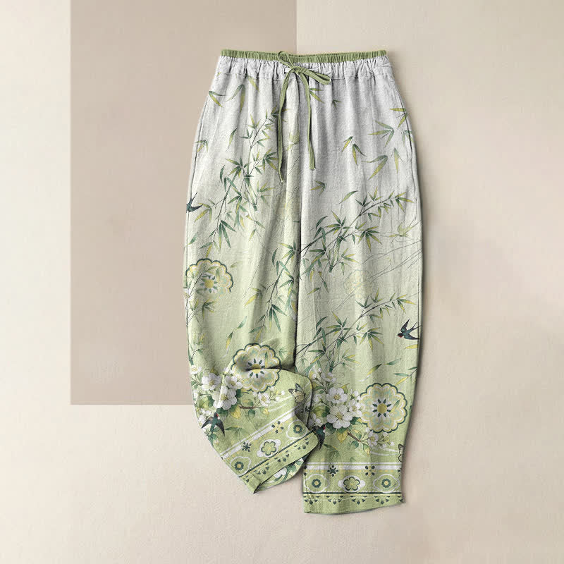 Buddha Stones Damesbroek van 100% Cotton met oosters bamboebloesempatroon, elastische Taille en Zakken. - Lichtgroen - US16, UK/AU20, EU48 (3XL) - image 0