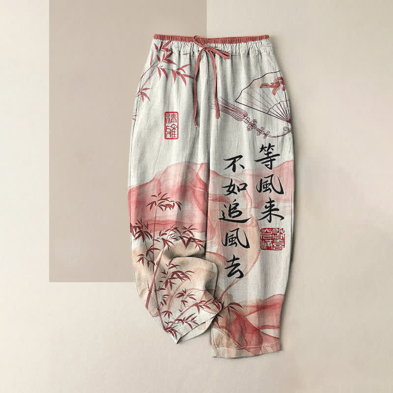 Buddha Stones Damesbroek van 100% Cotton met oosters bamboepatroon, elastische Taille en Zakken. - Tomaat - US16, UK/AU20, EU48 (3XL) - image 3