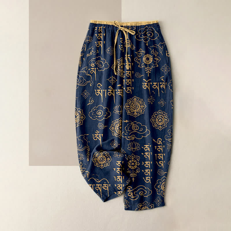 Buddha Stones Damesbroek van 100% Cotton met Tibetaans schriftpatroon, elastische Taille en Zakken. - Marine - US16, UK/AU20, EU48 (3XL) - image 0