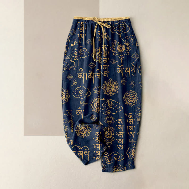 Buddha Stones Damesbroek van 100% Cotton met Tibetaans schriftpatroon, elastische Taille en Zakken. - Marine - US16, UK/AU20, EU48 (3XL) - image 0