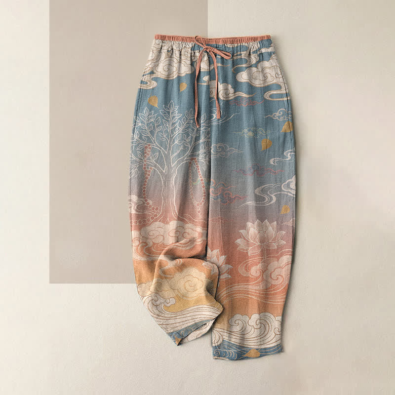 Buddha Stones Damesbroek van 100% Cotton met elastische Taille en Zakken , met lotuswolken- en kleurverlooppatroon. - Lichte zalm - US16, UK/AU20, EU48 (3XL) - image 0