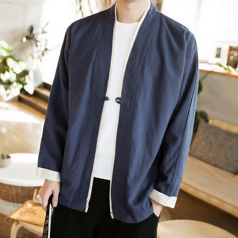 Buddha Stones Herfst/Winter Tang Stijl Minimalistische Kimono met Kikkerknopen, Effen Katoen, Heren - Marine - US/UK/AU46, EU56 (5XL) - image 0