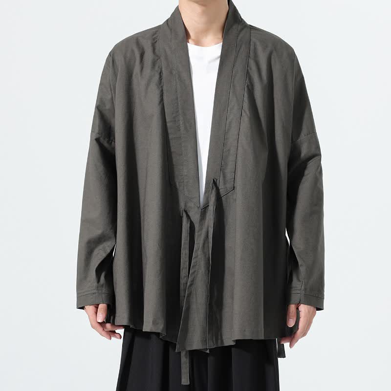Buddha Stones Minimalistische herenkimono in Tang-stijl met trekkoord voor de herfst, effen kleur. - Donkergrijs - US/UK/AU46, EU56 (5XL) - image 0