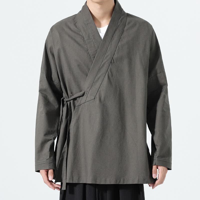 Buddha Stones Minimalistische herenkimono in Tang-stijl met trekkoord voor de herfst, effen kleur. - image 1