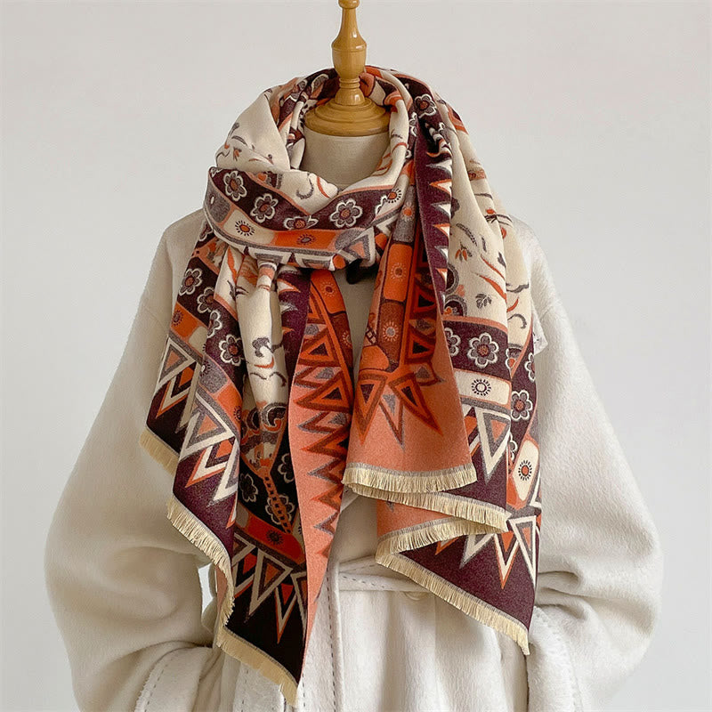 Buddha Stones Lente/Herfst Mandala Geometrische Randprint Kwastjes Boho Sjaal (groot) - Oranje - 185*65 cm - image 0