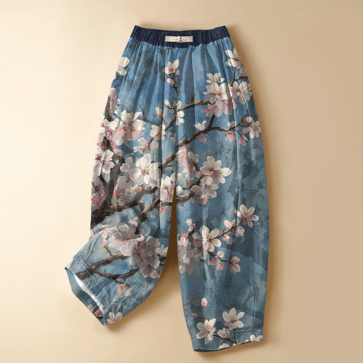 Buddha Stones Vintage harembroek van 100% Cotton met sakura-takpatroon, kikkerknopen en elastische Taille , inclusief Zakken. - Licht Hemelsblauw - US16, UK/AU20, EU48 (3XL) - image 0