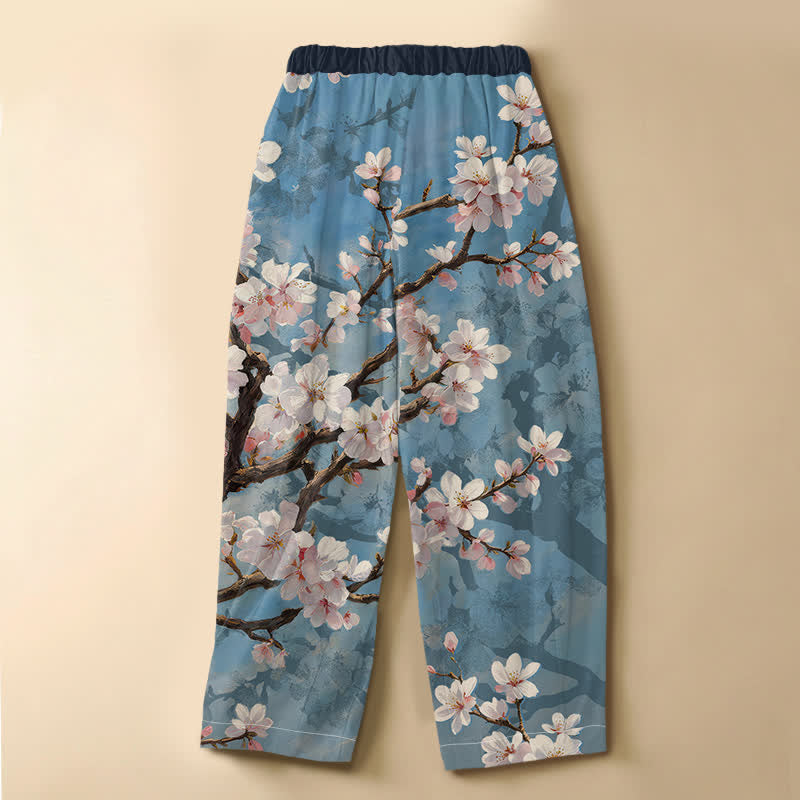 Buddha Stones Vintage harembroek van 100% Cotton met sakura-takpatroon, kikkerknopen en elastische Taille , inclusief Zakken. - image 1