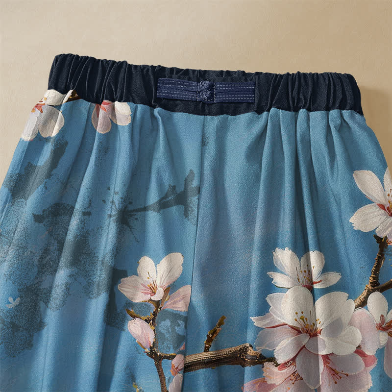 Buddha Stones Vintage harembroek van 100% Cotton met sakura-takpatroon, kikkerknopen en elastische Taille , inclusief Zakken. - image 2