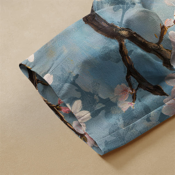 Buddha Stones Vintage harembroek van 100% Cotton met sakura-takpatroon, kikkerknopen en elastische Taille , inclusief Zakken. - image 3