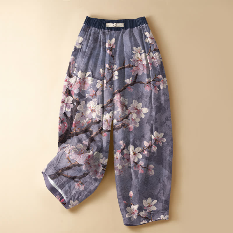 Buddha Stones Vintage harembroek van 100% Cotton met sakura-takpatroon, kikkerknopen en elastische Taille , inclusief Zakken. - Middelpaars - US16, UK/AU20, EU48 (3XL) - image 5