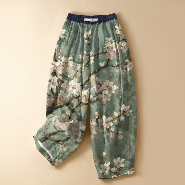 Buddha Stones Vintage harembroek van 100% Cotton met sakura-takpatroon, kikkerknopen en elastische Taille , inclusief Zakken. - Lichtgroen - US16, UK/AU20, EU48 (3XL) - image 7