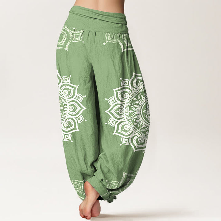 Buddha Stones Witte damesharembroek van 100% Cotton met mandala-bloemenpatroon en elastische Taille - image 1