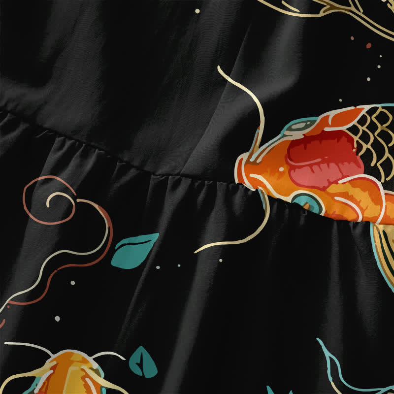 Buddha Stones Zomerse casual Midi -jurk voor dames met koi-vis, bloemen- en golfpatroon, Mouwloos en met Zakken. - image 1