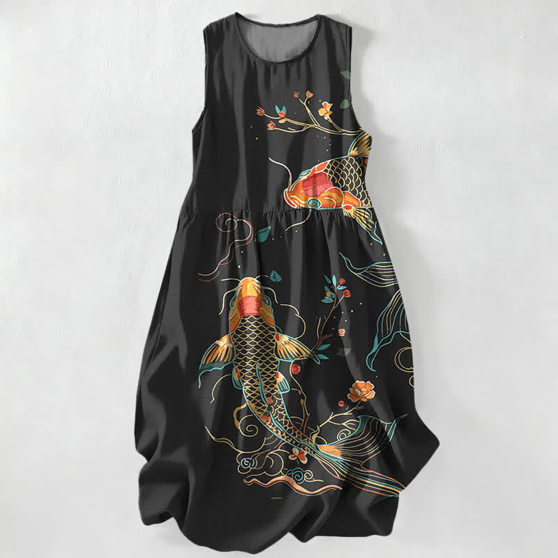 Buddha Stones Zomerse casual Midi -jurk voor dames met koi-vis, bloemen- en golfpatroon, Mouwloos en met Zakken. - Zwart - US16, UK/AU20, EU48 (3XL) - image 0