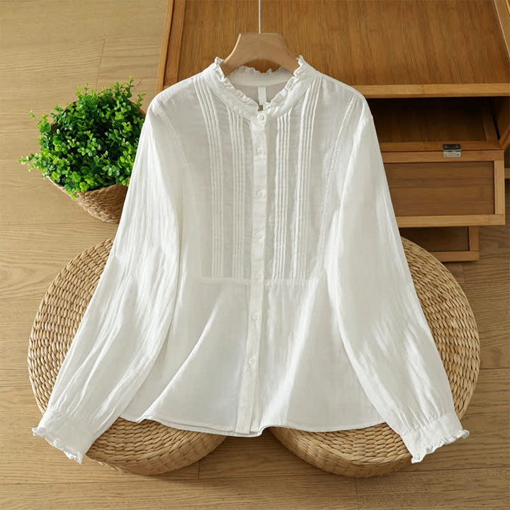 Buddha Stones Elegante vintage Overhemden met knoopsluiting en plooien, effen katoen, voor de Lange mouw . - Wit - US12, UK/AU16, EU44 (2XL) - image 8